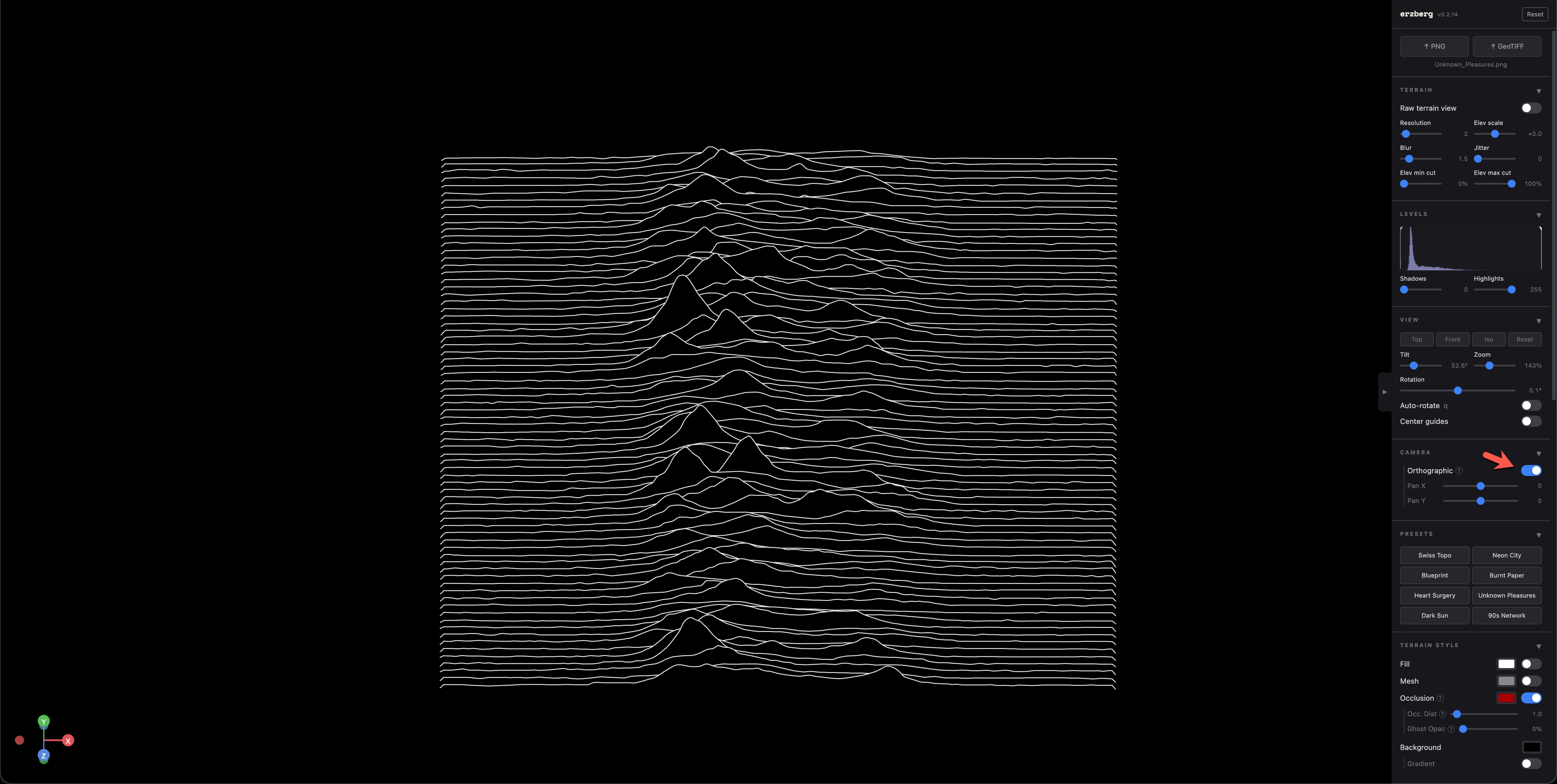 Erzberg tool with Unknown Pleasures heightmap loaded